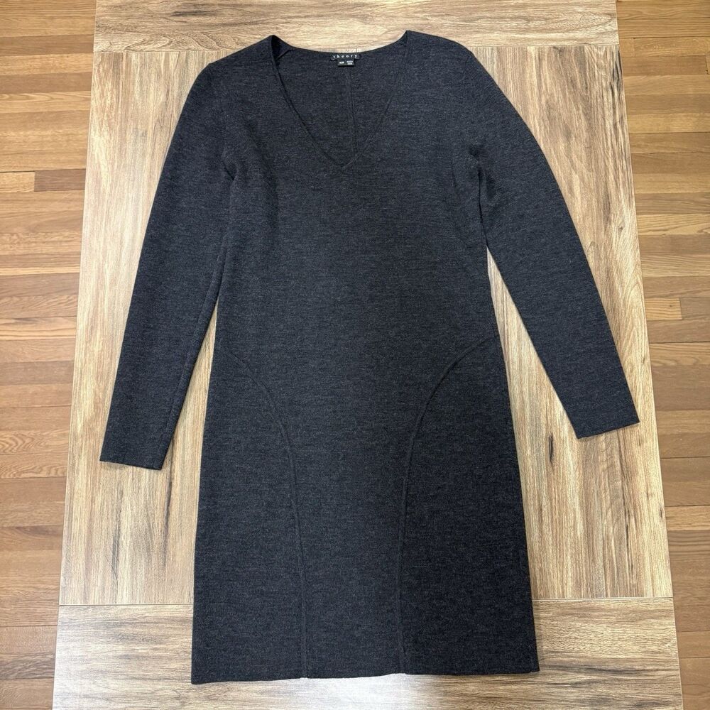 Theory Talli Evian Charcoal Gray Stretch Wool V-Neck Sweater Knit Dress Size M